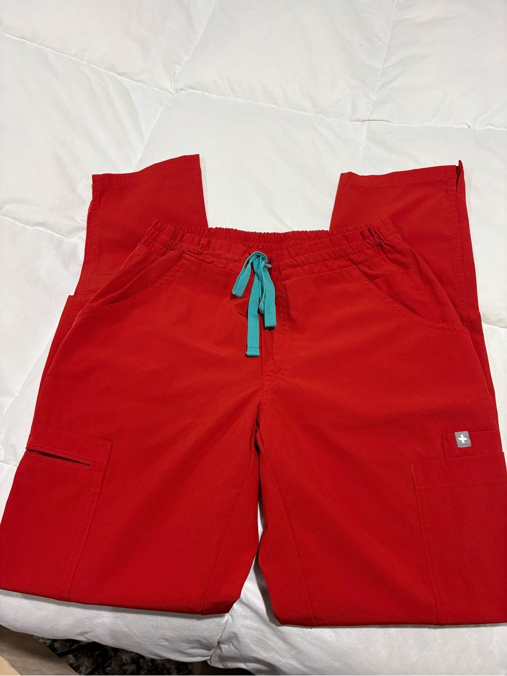 Figs XXS/P Yola Red Scrub Pants with Teal Drawstring